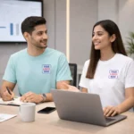 Premium Pima cotton T-shirt shown in practical use setting suitable for corporate gifting and employee welcome kits