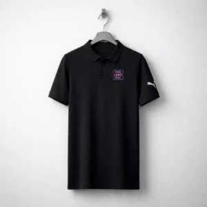 Black Puma premium polo t-shirt with collar and logo, suitable for corporate uniforms and employee welcome kits