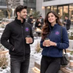 Rare Rabbit premium bonded fleece jacket worn by model in alternate view suitable for corporate gifting and employee onboarding kits