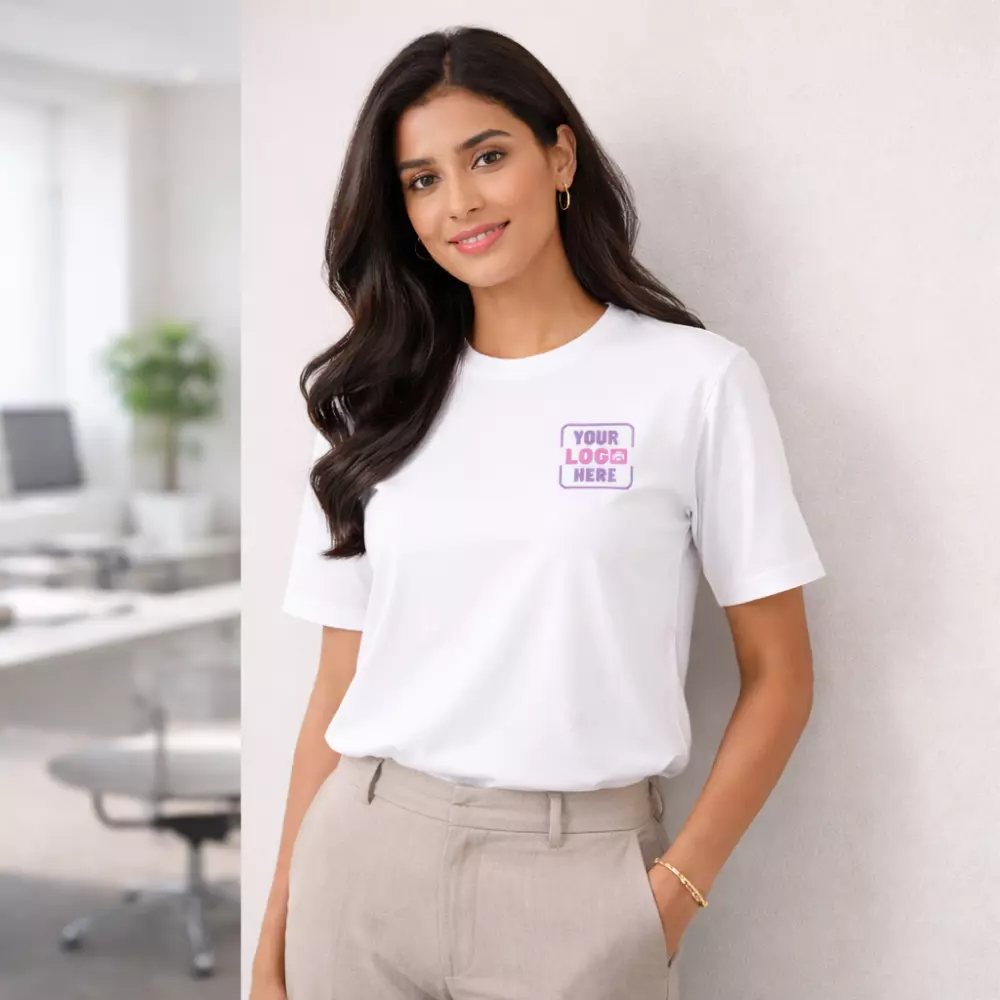 Rare Rabbit signature round neck T-shirt worn by model in posed setting suitable for corporate gifting and employee onboarding kits