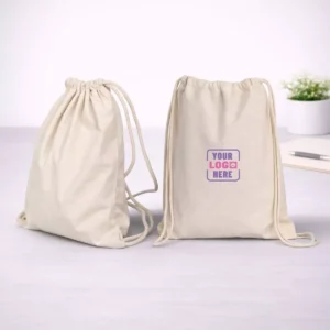 Cream cotton drawstring bag suitable for corporate gifting, employee welcome kits, and event merchandise