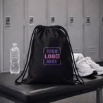 Signature cotton drawstring bag placed in locker room setting suitable for corporate gifting and employee welcome kits