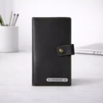 Black leather chequebook holder suitable for corporate gifting and executive employee welcome kits