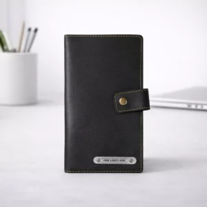 Black leather chequebook holder suitable for corporate gifting and executive employee welcome kits