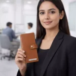 Signature leather chequebook holder shown in professional use setting suitable for corporate gifting and employee welcome kits