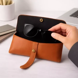 Signature leather sunglass case shown in everyday use setting suitable for corporate gifting and employee welcome kits