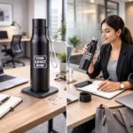 Signature steel bottle black 700 ml placed on office desk suitable for corporate gifting and employee onboarding kits