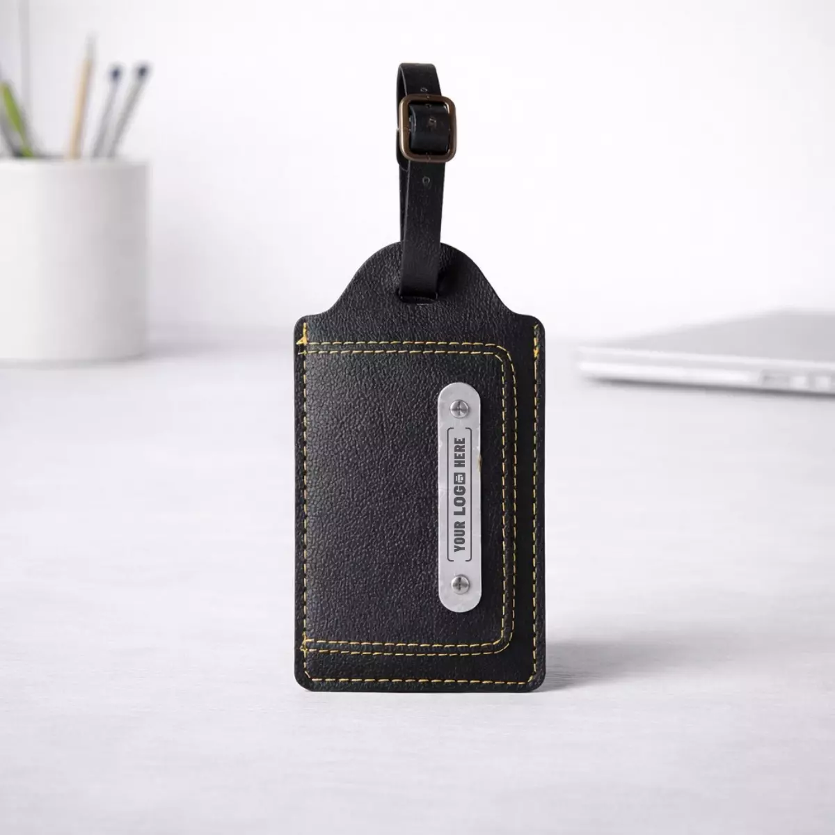 Black travel luggage tag suitable for corporate gifting and employee welcome kits