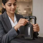 Signature travel luggage tag shown in travel use setting suitable for corporate gifting and employee welcome kits