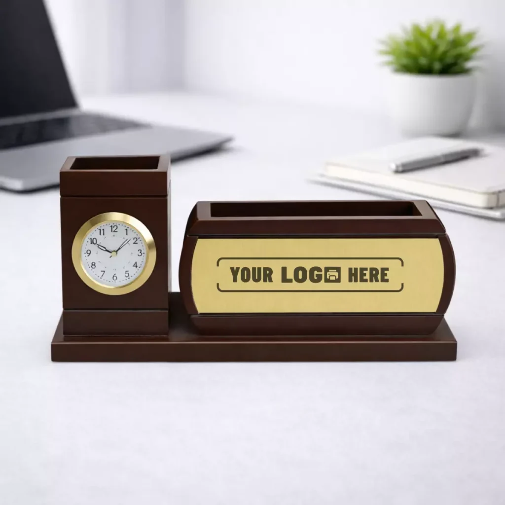 Wooden desk organizer with built-in clock suitable for executive corporate gifting and employee desk kits
