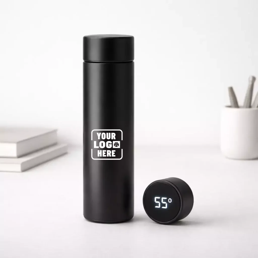 Black smart sensor bottle 500 ml with digital temperature display suitable for corporate gifting and employee kits