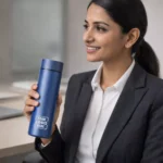 Smart sensor bottle blue 500 ml shown with model suitable for corporate gifting and employee onboarding kits