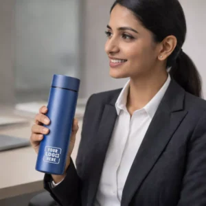 Smart sensor bottle blue 500 ml shown with model suitable for corporate gifting and employee onboarding kits