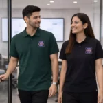 Sustainable polo T-shirt worn by model in posed setting suitable for corporate gifting and employee welcome kits