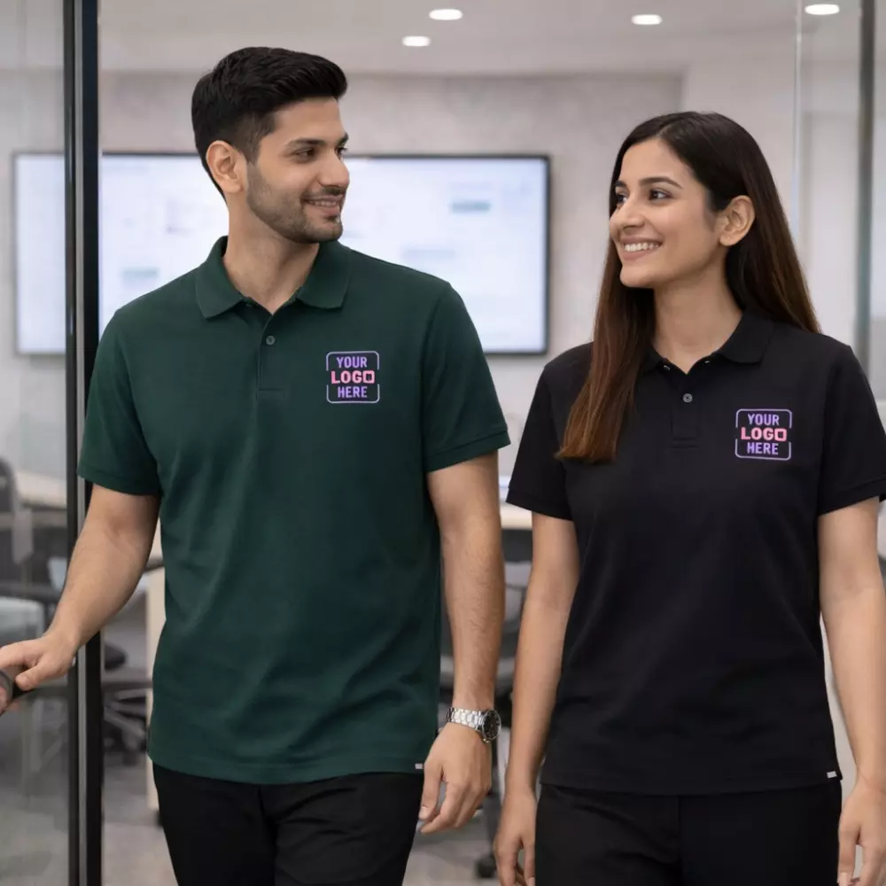 Sustainable polo T-shirt worn by model in posed setting suitable for corporate gifting and employee welcome kits