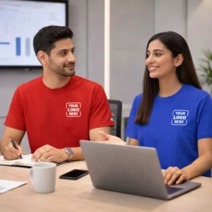 Sustainable round neck T-shirt worn by model suitable for corporate gifting and employee welcome kits