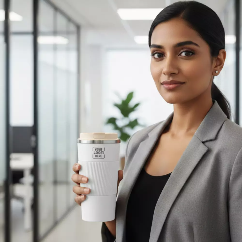 ThermoGrip insulated coffee flask white 400 ml held in hand suitable for corporate gifting and employee onboarding kits