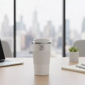 ThermoGrip insulated coffee flask white 400 ml placed on office desk suitable for corporate gifting and employee welcome kits