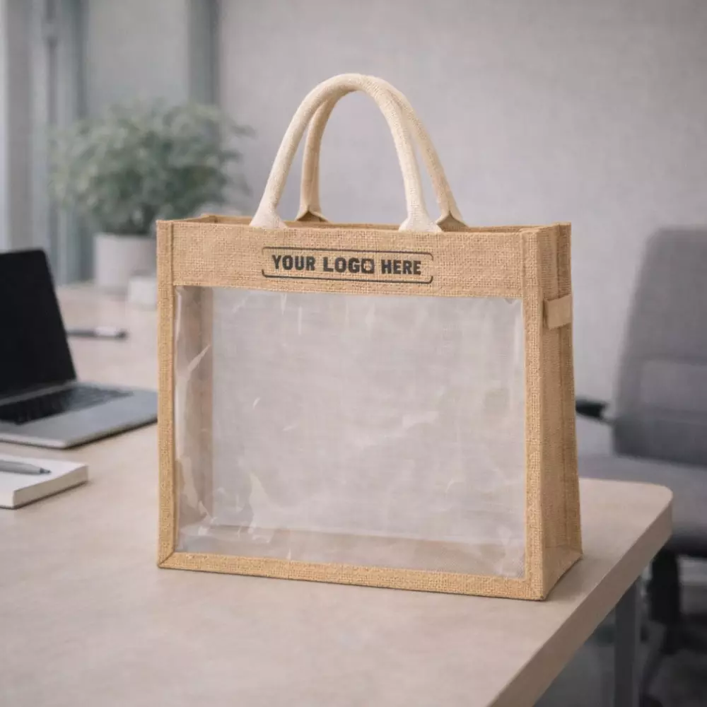 Transparent window jute bag placed on desk displaying clear front panel suitable for corporate gifting and onboarding kits