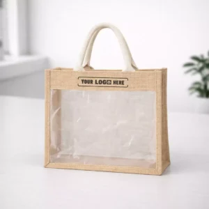 Jute bag with transparent window panel and sturdy handles suitable for corporate gifting and packaging