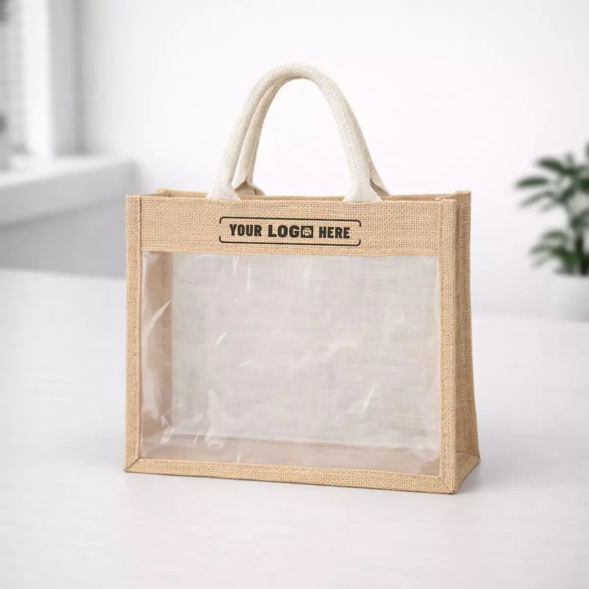 Jute bag with transparent window panel and sturdy handles suitable for corporate gifting and packaging