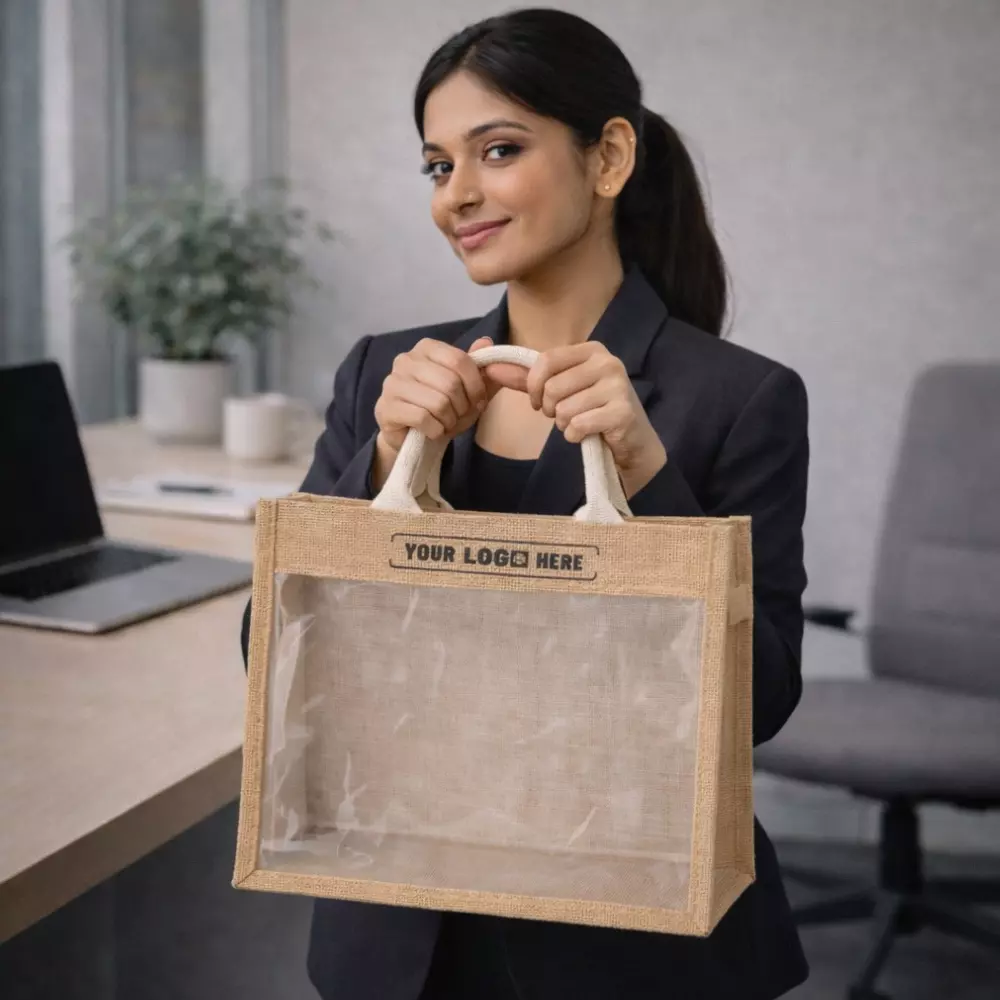 Transparent window jute bag shown with model carrying it suitable for corporate gifting and employee welcome kits