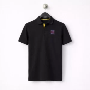 Black polycotton polo t-shirt for men with collar suitable for corporate gifting and employee welcome kits