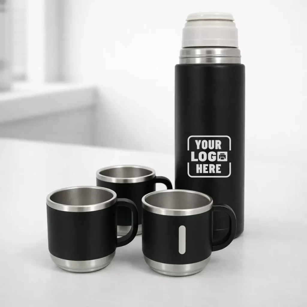 Vacuum flask set 500ml with three matching cups suitable for corporate gifting and employee welcome kits