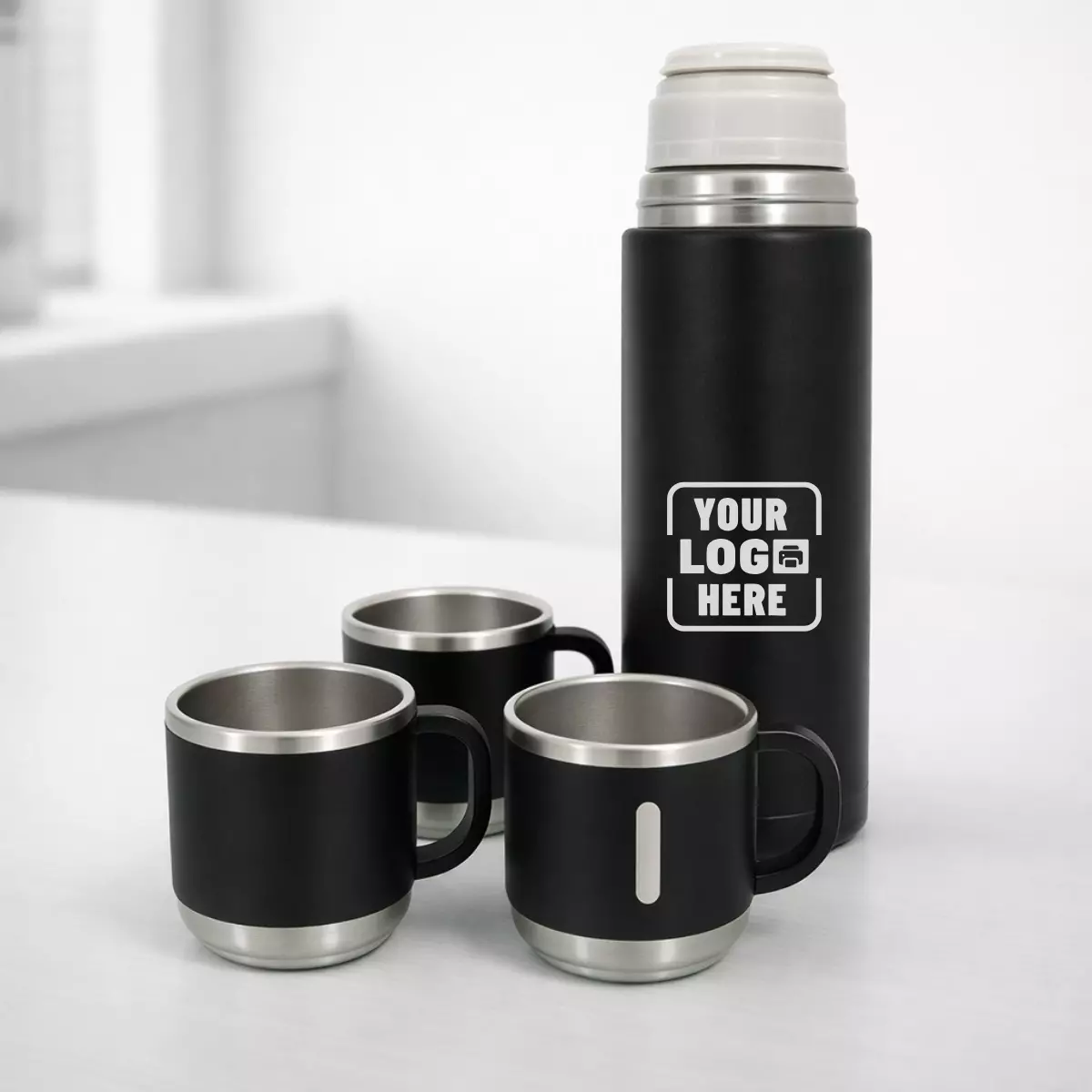 Vacuum flask set 500ml with three matching cups suitable for corporate gifting and employee welcome kits