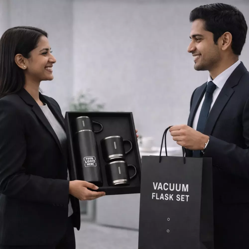 Vacuum flask set 500ml with three cups shown in model presentation suitable for corporate gifting and employee welcome kits