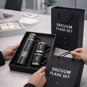 Vacuum flask set 500ml with three cups displayed in office use setting suitable for corporate gifting and employee onboarding kits