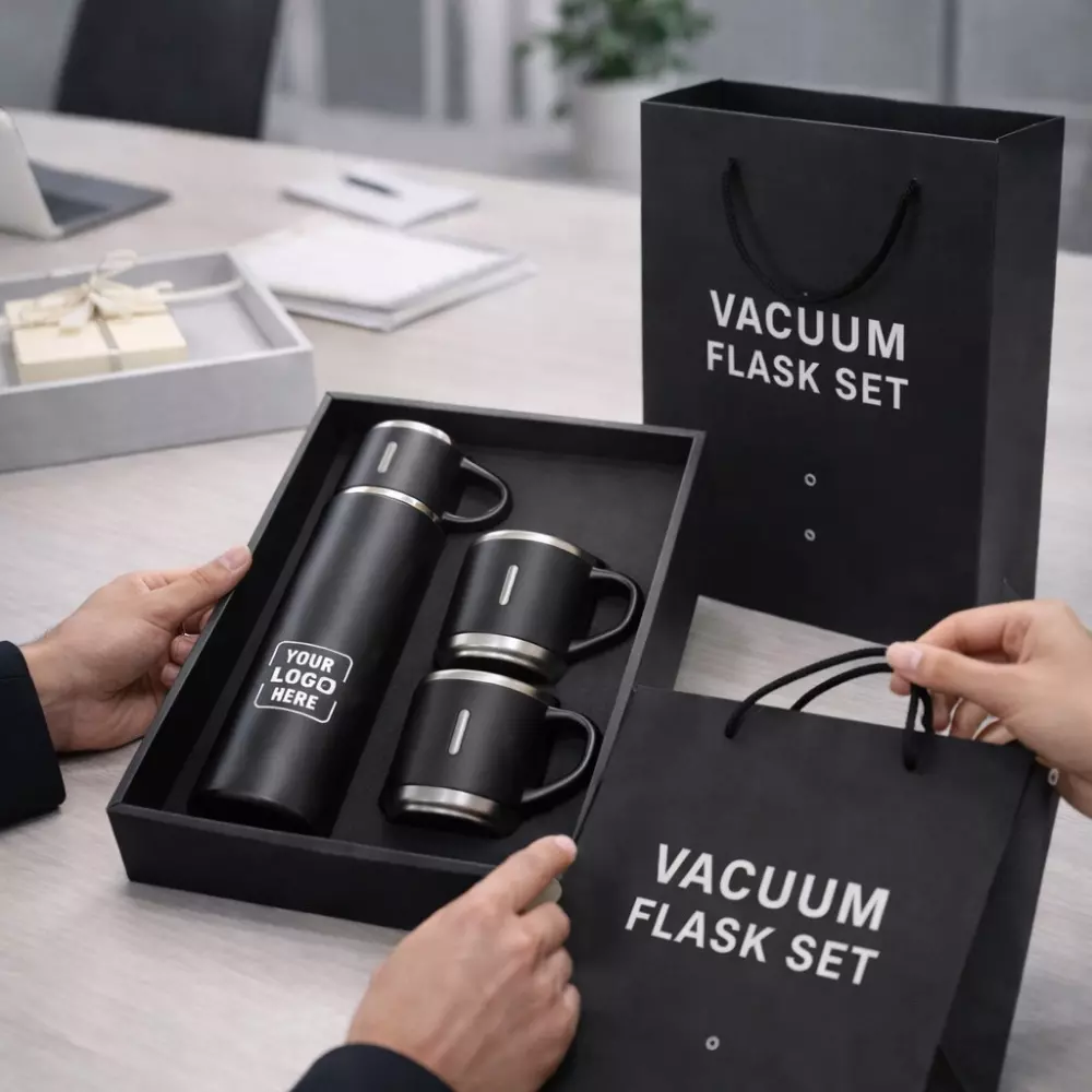 Vacuum flask set 500ml with three cups displayed in office use setting suitable for corporate gifting and employee onboarding kits