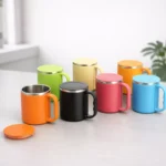Vibrant steel coffee mug with lid and handle suitable for corporate gifting and employee welcome kits