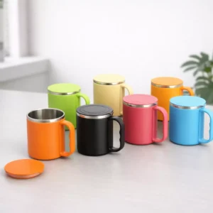 Vibrant steel coffee mug with lid and handle suitable for corporate gifting and employee welcome kits