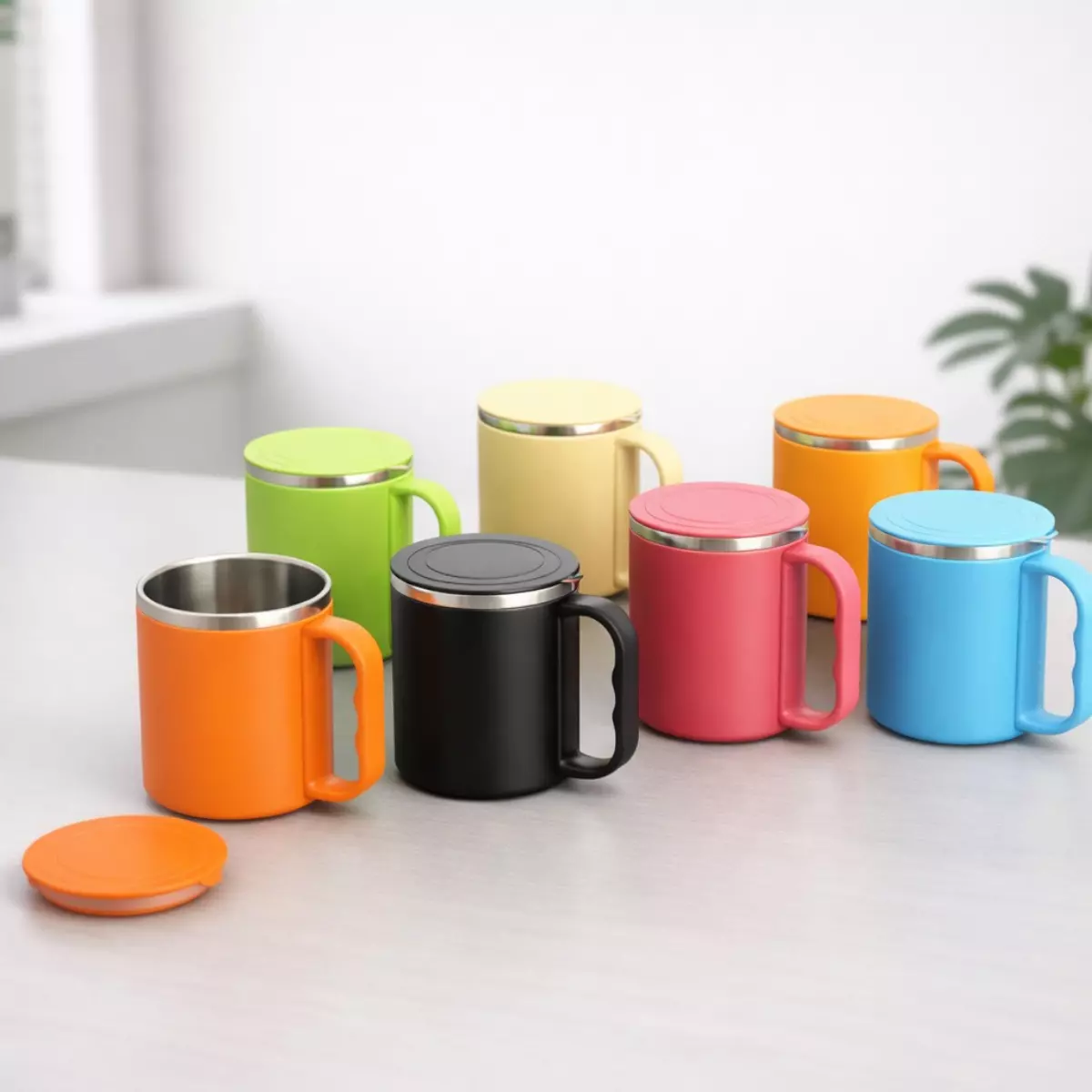 Vibrant steel coffee mug with lid and handle suitable for corporate gifting and employee welcome kits