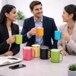 Vibrant steel coffee mug with secure lid shown in office use setting suitable for corporate gifting and onboarding kits