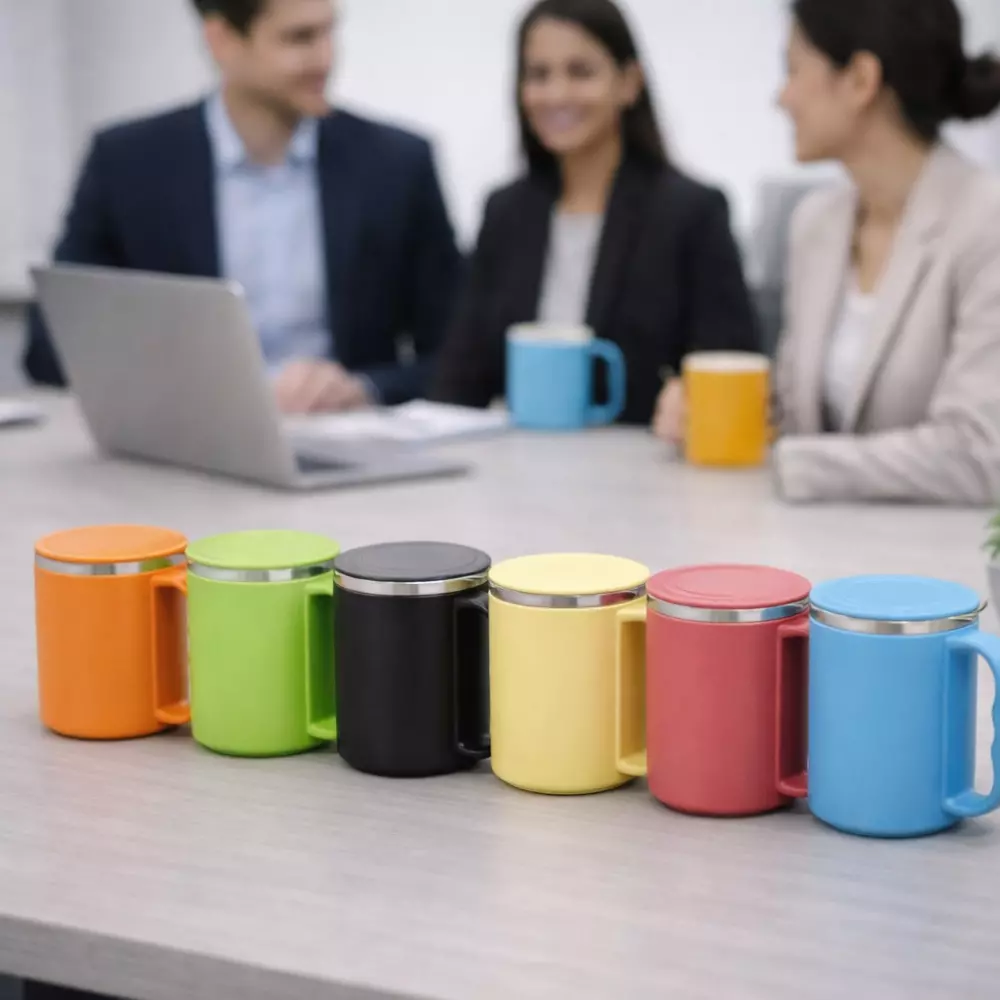 Vibrant steel coffee mug with lid in multiple colors displayed for corporate gifting and employee welcome kits