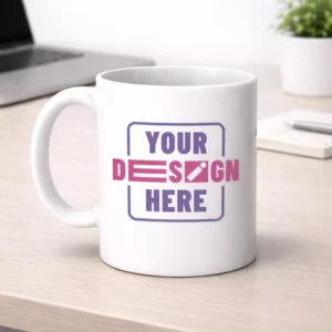 White ceramic coffee mug 325ml placed on work desk with printable surface for corporate gifting and employee onboarding kits