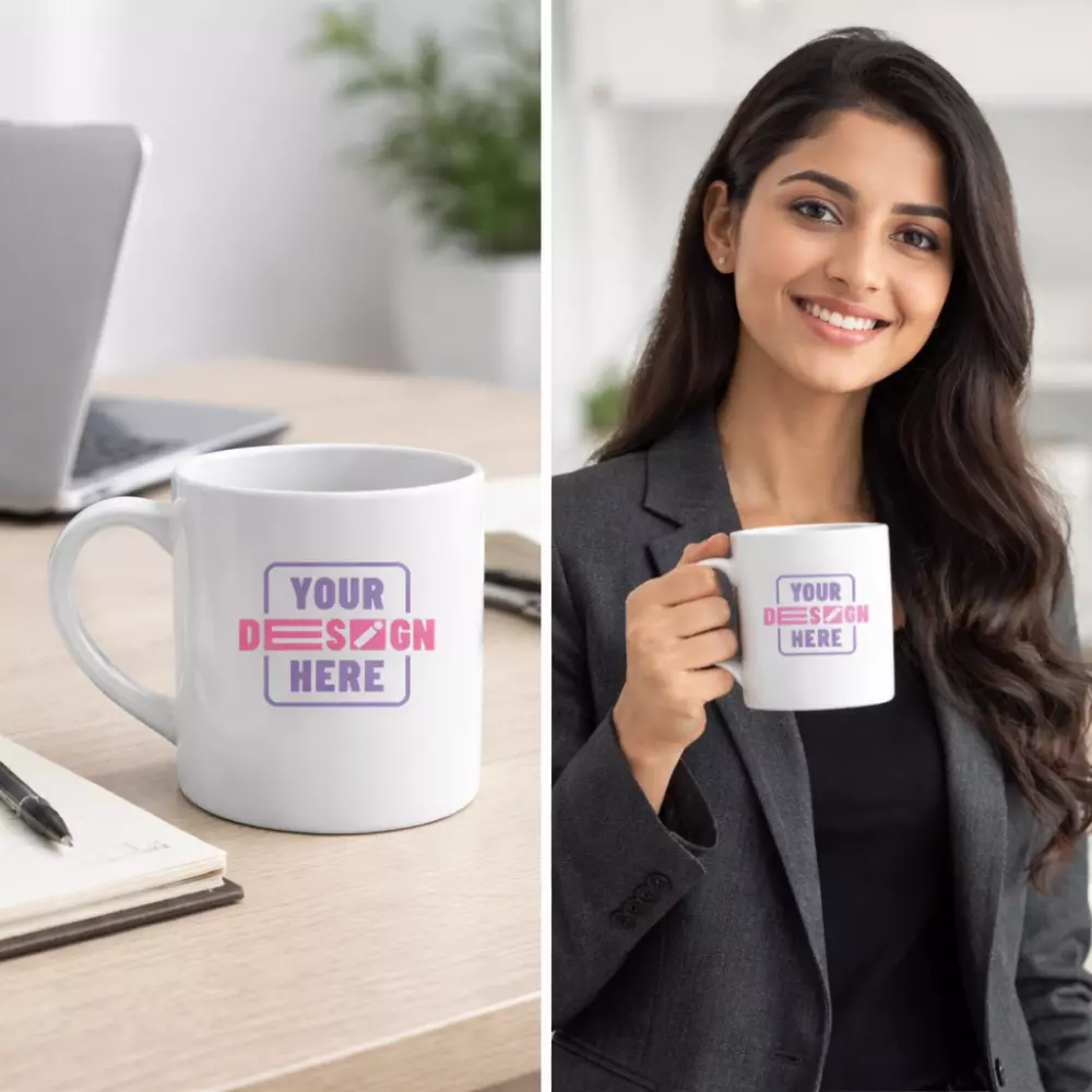 White ceramic tea mug 175 ml placed on a clean office desk setup suitable for corporate gifting and employee welcome kits