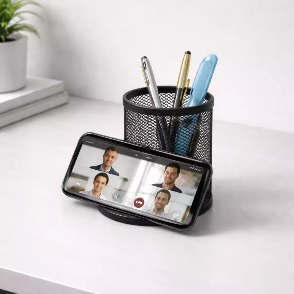 Wire mesh desk organizer with built-in phone stand and multiple compartments for corporate gifting and office desk setup