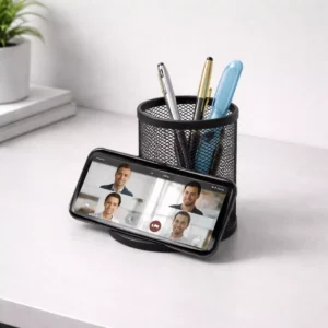 Wire mesh desk organizer with built-in phone stand and multiple compartments for corporate gifting and office desk setup