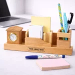 Wooden multi-utility desk organizer with compartments for office essentials suitable for corporate gifting and employee kits