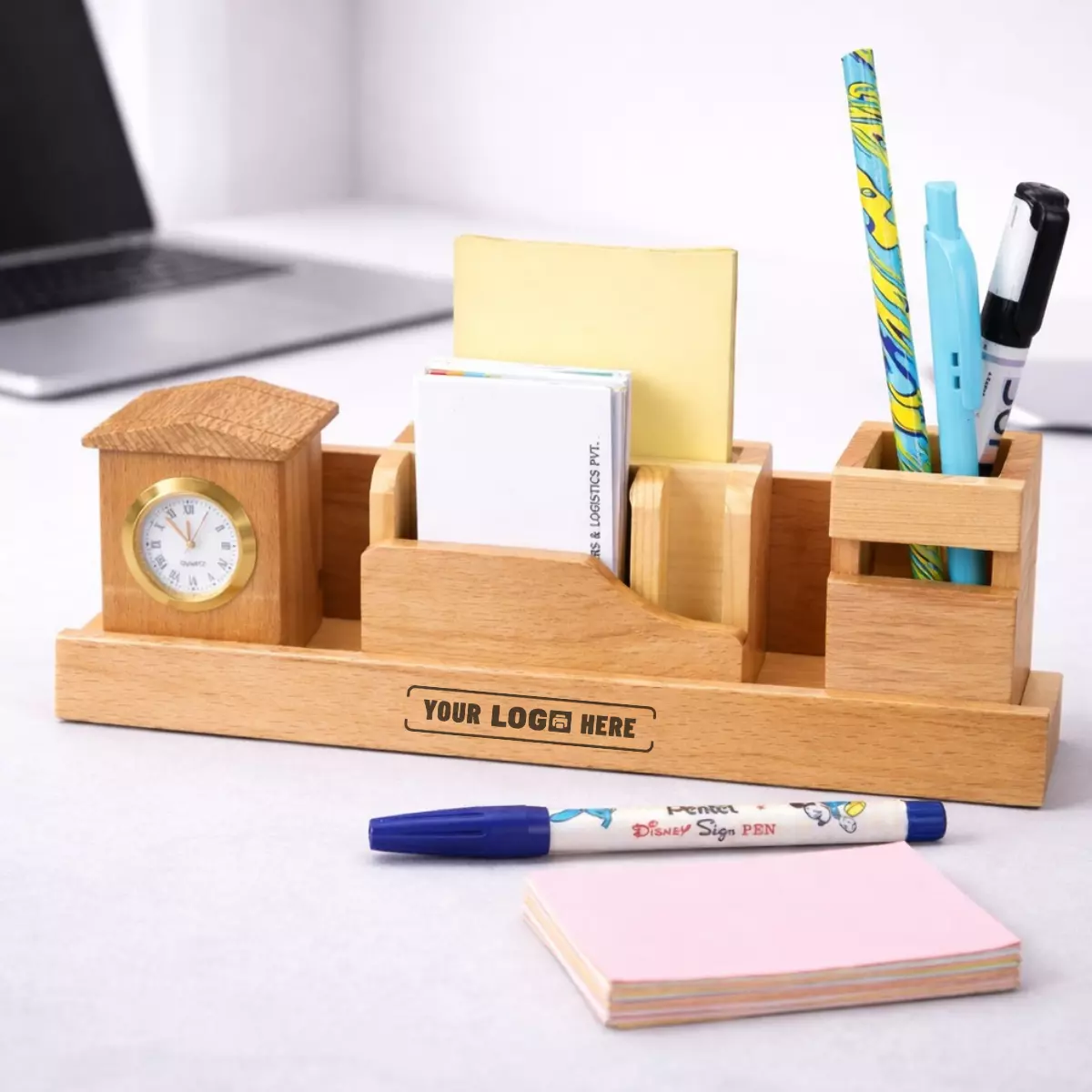 Wooden multi-utility desk organizer with compartments for office essentials suitable for corporate gifting and employee kits