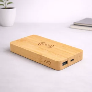 Wooden power bank with wireless charger 10000mAh featuring natural finish for corporate gifting and onboarding kits