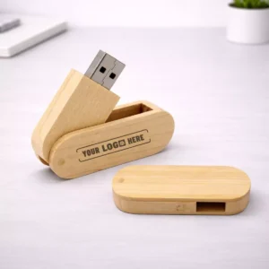 Wooden swivel USB pendrive 64GB with rotating cover and visible metal connector for corporate gifting and employee kits