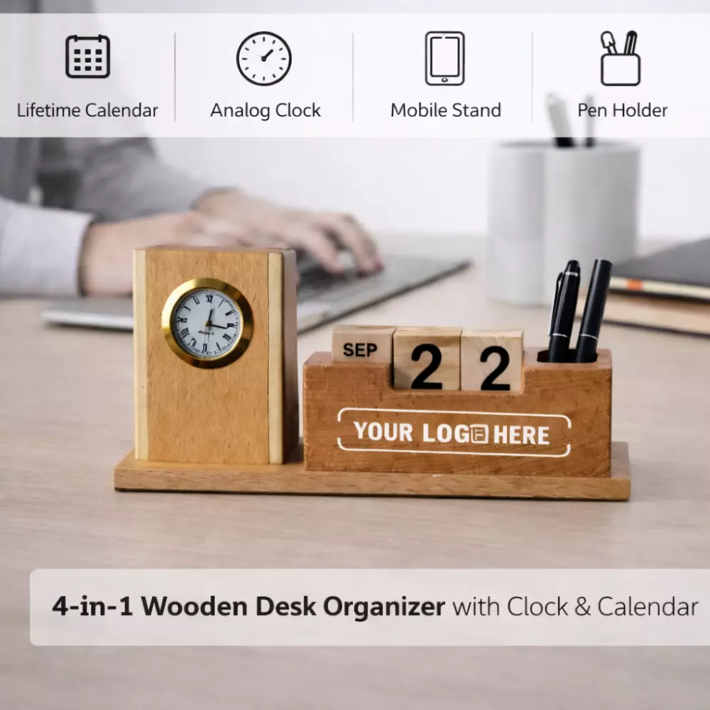 4-in-1 Wooden Desk Organizer with Clock & Calendar - Image 3