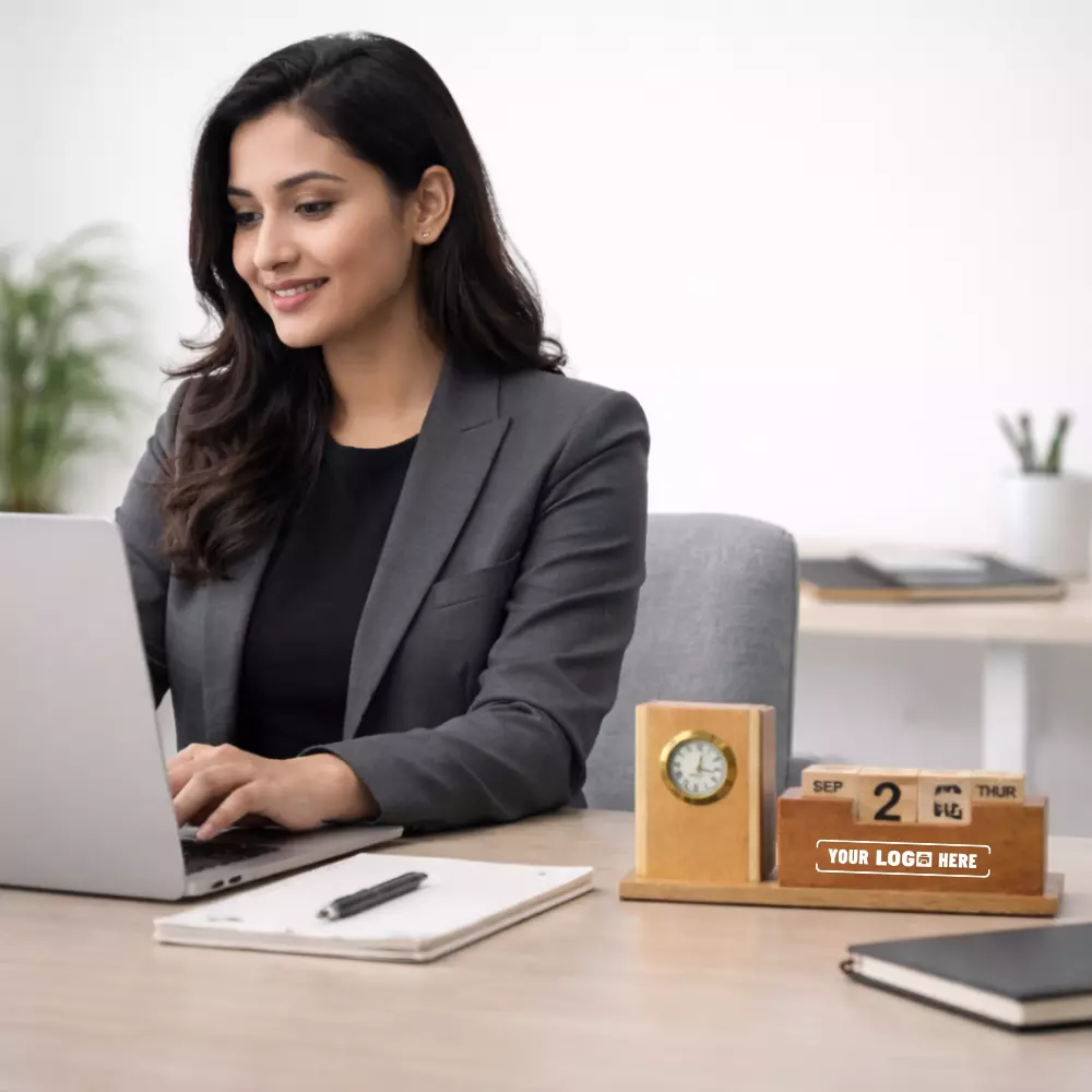 4-in-1 Wooden Desk Organizer with Clock & Calendar - Image 2