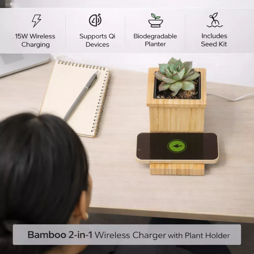 Bamboo 2-in-1 Wireless Charger with Plant Holder - Image 2