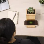 Bamboo Wireless Charger with Plant Holder top