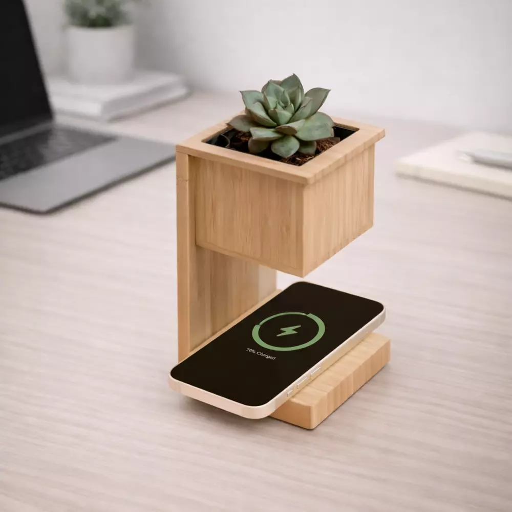 Bamboo 2-in-1 Wireless Charger with Plant Holder - Image 4